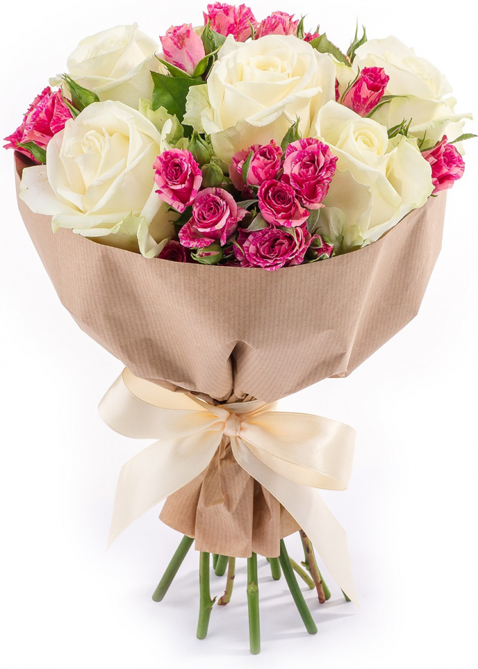 Букет из розовых кустовых роз и белых роз Букет «Воздушный»